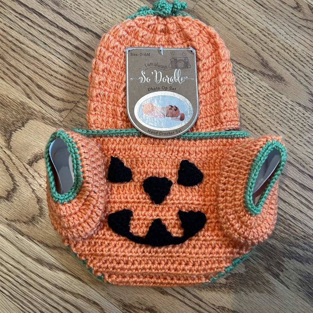 Orange Pumpkin Crochet Baby Hat & Diaper Cover Set